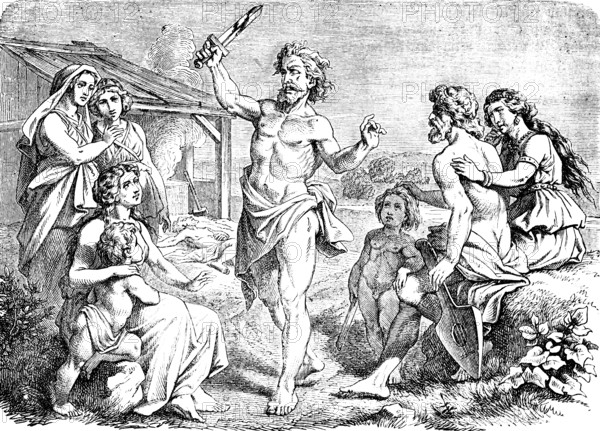 Lamech's Sword Song or Lamech Song, First Book of Moses, Chapter 5, Genesis, song, dance, audience, child, woman, man, hut, fire, landscape, Old Testament, Bible, historical illustration 1877