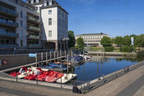 Town hall and town harbour, Mülheim an der Ruhr, Rur region, North Rhine-Westphalia, Germany