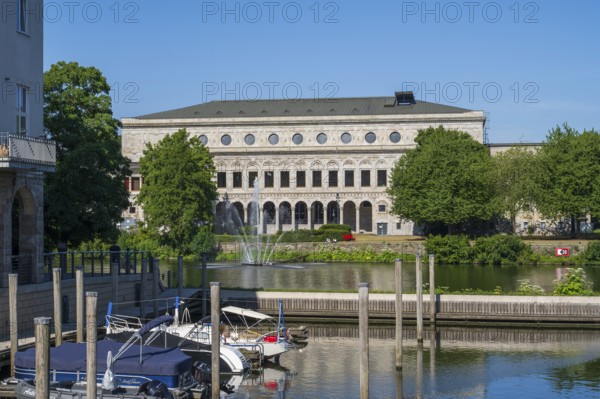 Town hall and town harbour, Mülheim an der Ruhr, Rur region, North Rhine-Westphalia, Germany