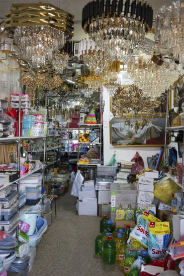 A full shop with chandeliers and various household products, Martuni, Gegharkunik province, Armenia