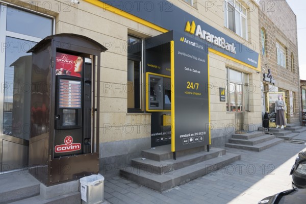 The exterior of Araratbank with an ATM and all-round service, Martuni, Gegharkunik province, Armenia