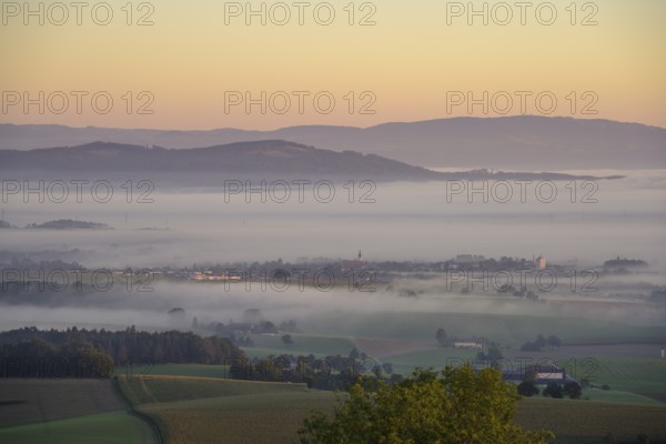 Sunrise and fog near the village of Mank, Kirnberg an der Mank, Lower Austria, Austria