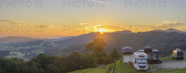 Panorama sunrise from Almhaus Hochsteinberg with camper in the car park, Kirnberg an der Mank, Lower Austria, Austria