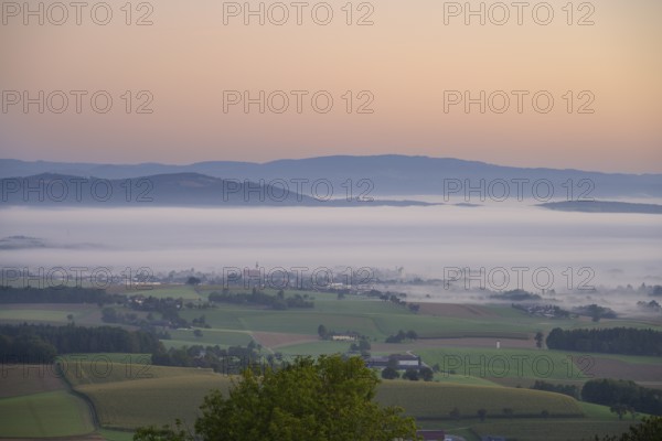 Sunrise and fog between the hills, Kirnberg an der Mank, Lower Austria, Austria