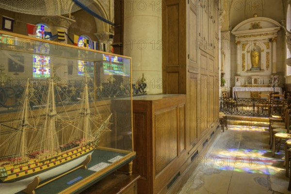 Sailing ship model in the church of Saint Martin, Yport, Département Seine-Maritime, France