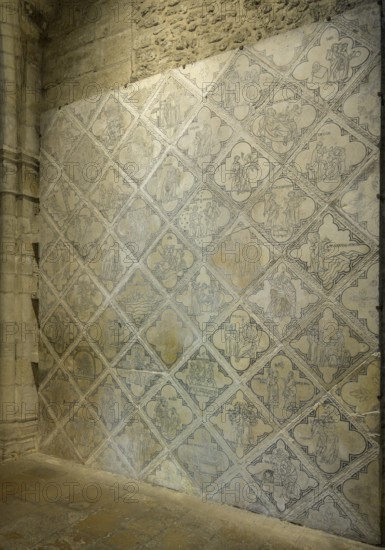 Wall with stone tiles from the 13th century, Abbey of Saint Remi, Reims, Marne, France