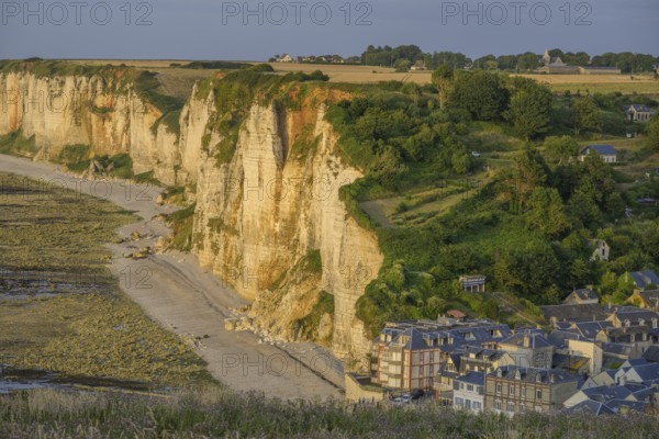 View of the village and the chalk cliffs in the evening light, Yport, Département Seine-Maritime, France