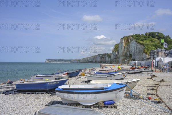 Simple wooden boats on the beach of, Yport, Département Seine-Maritime, France