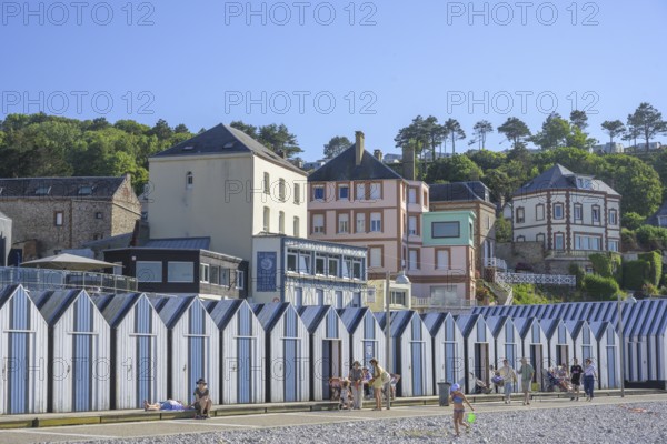 Bathing huts on the beach of, Yport, Département Seine-Maritime, France