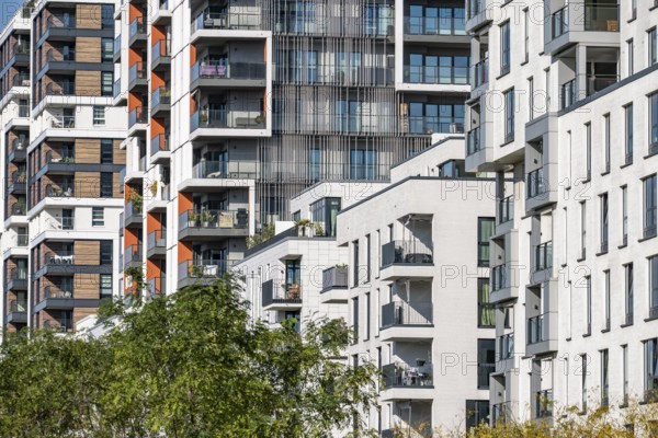 Modern residential neighbourhood along Toulouser Allee, high-rise buildings with flats and offices, on former railway premises, North Rhine-Westphalia, Germany