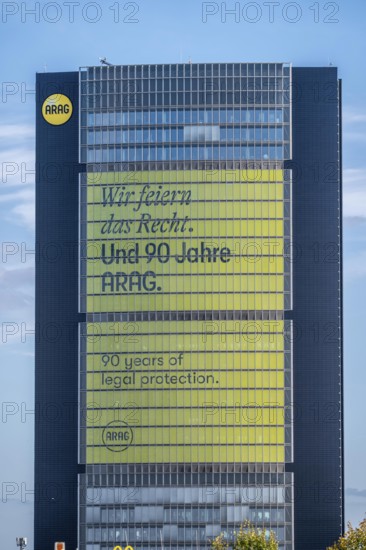 ARAG Tower, headquarters of ARAG insurance, office building at Mörsenbroicher Ei, in the Düsseldorf district of Düsseltal, advertising for the company's 90th anniversary on the façade, North Rhine-Westphalia, Germany