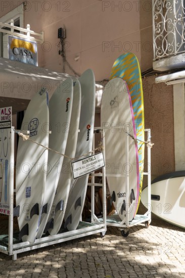 Surfboards for rent, surf shop, in the historic centre of Lagos, Algarve, Portugal