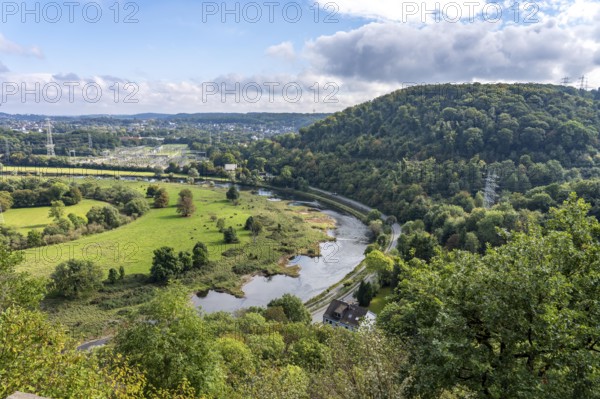 The Ruhr valley near Hattingen, Ruhr bend, groynes in the Ruhr, transformer station, North Rhine-Westphalia, Germany