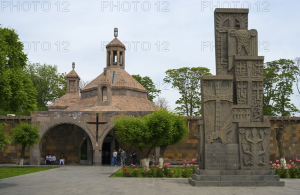 Historic church with characteristic architecture surrounded by manicured gardens and flowers, St Vardan and St Hovhannes Chapel-Baptistery, Echmiadzin, Echmiadzin, Ejmiacin, Vagharshapat, Vagarshapat, Vagarshapat, Valaršapat, Vagharshapat, Armavir Province, Armenia