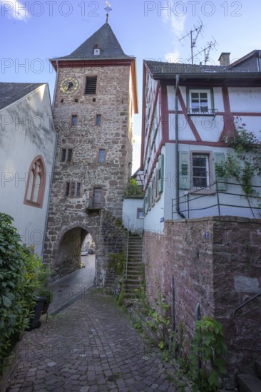 Half-timbered house and gate tower in the old town centre, Hirschhorn, Hesse, Germany