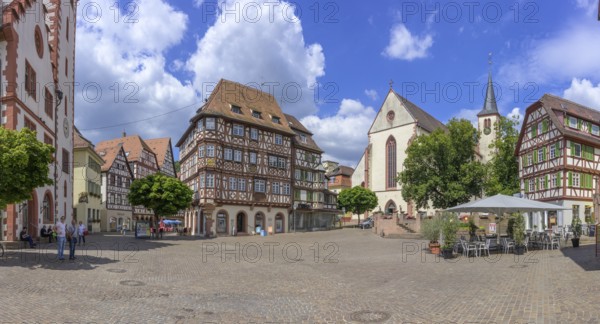 Half-timbered houses and church on the main square, Mosbach, Baden-Württemberg, Germany