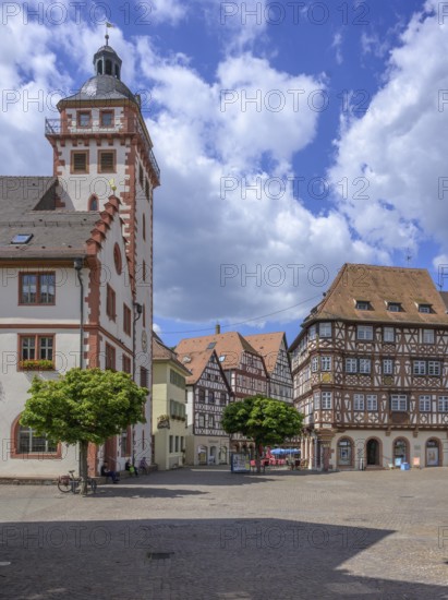 Half-timbered houses and town hall on the main square, Mosbach, Baden-Württemberg, Germany