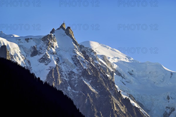 Aiguille du Midi, snow-covered Mont-Blanc on the right in the background, Chamonix-Mont-Blanc, Haute-Savoie, France