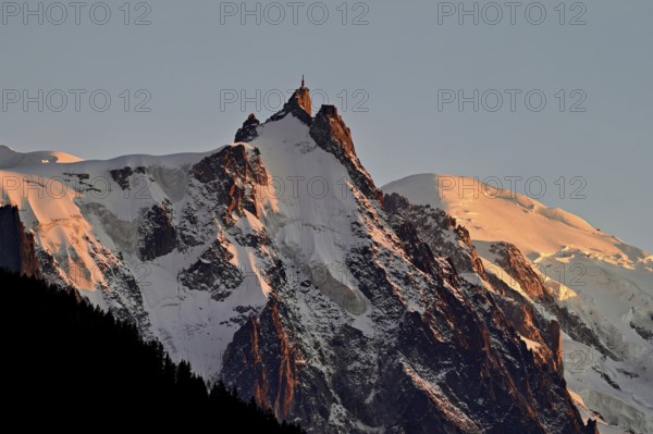 From left: snow-covered Aiguille du Midi, Mont-Blanc, Chamonix-Mont-Blanc, Haute-Savoie, France