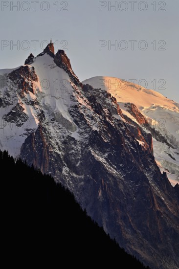 From left: snow-covered Aiguille du Midi, Mont-Blanc, Chamonix-Mont-Blanc, Haute-Savoie, France