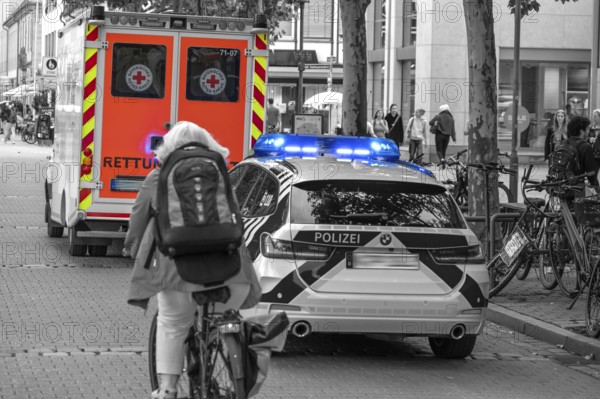 Emergency services and police on duty in the pedestrian zone, Erlangen, Middle Franconia, Bavaria, Germany
