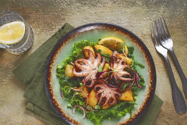 Warm salad, grilled mini octopus, with potatoes and fresh herbs, homemade, no people