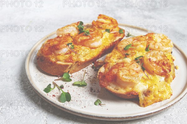 Sandwiches with shrimp and cheese, baked in the oven, with microgreens, breakfast, homemade, no people