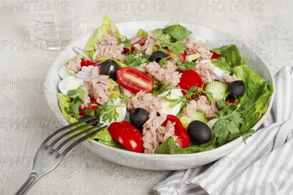Salad with canned tuna, vegetable salad with quail eggs, lettuce and romaine leaves, red onion, cherry tomatoes, olives, keto food, healthy eating
