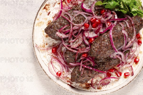 Grilled kebabs topped with onions and pomegranate on a white plate in a bright kitchen setting