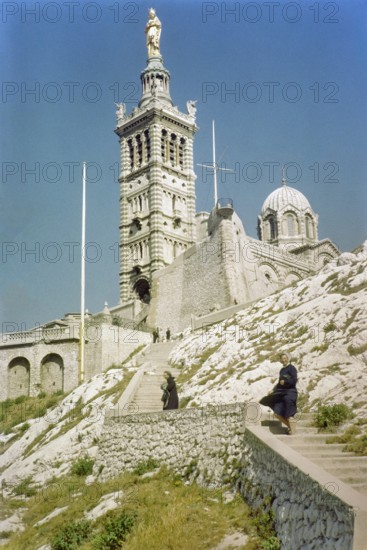 Neo-Byzantine architecture of basilica Notre Dame De La Garde church, Marseille, France, Europe, 1965
