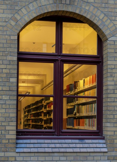 A view through the window of a library, shelves full of books illuminated by a warm, yellow light, Berlin, Germany