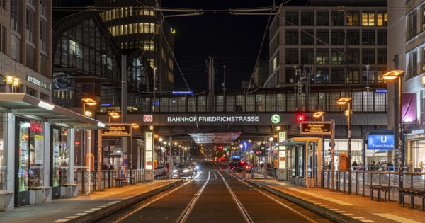 Night shot at the tram line at Friedrichstraße station, stop of lines M1 and M12, Berlin, Germany