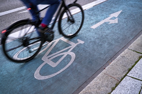 Bicycle, cyclist, rides on cycle path, pictogram, logo, labelling, next to road, movement effect, speed, Stuttgart, Baden-Württemberg, Germany