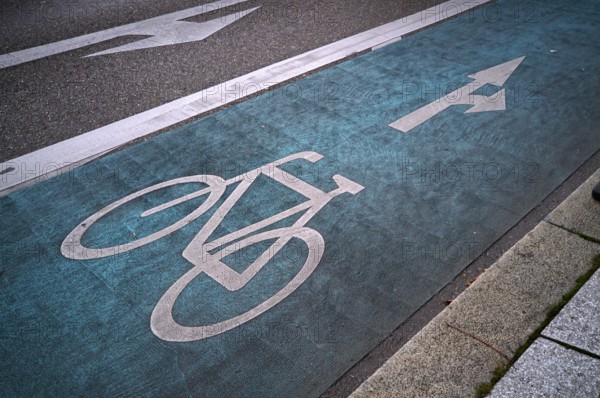 Cycle path, pictogram, logo, labelling, next to road, Stuttgart, Baden-Württemberg, Germany