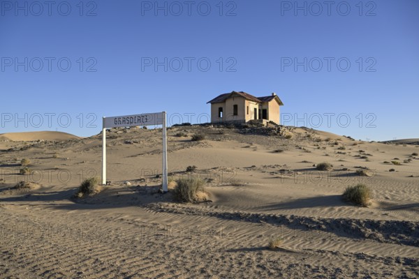 Grasplatz railway station, where railway worker Zacharias Lewala found the first diamond in 1908, near Kolmanskop, Karas region, Namibia