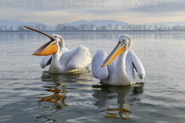 Dalmatian Pelican (Pelecanus crispus), Dalmatian Pelican, swimming, in its plumage, Lake Kerkini, Greece