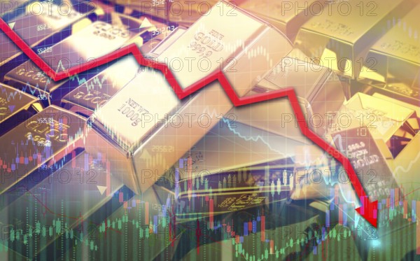 Falling gold prices in statistics and market charts. Gold price fall in financial markets