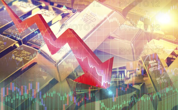 Gold price fall in financial markets. Gold price decline in statistics and market charts