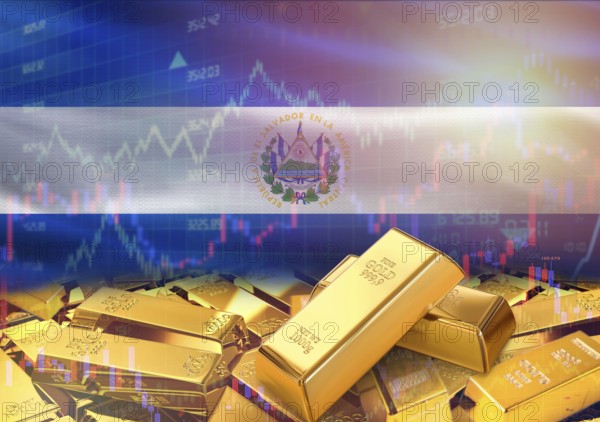 Gold bars on El Salvador flag in background. Gold bars stacked on Salvadoran flag. Concept of El Salvador gold reserves