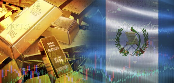 Gold bars stacked on Guatemalan flag. Guatemala gold reserves, Concept