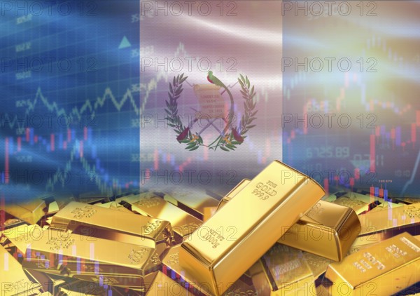 Gold bars on Guatemala flag in background. Gold bars stacked on Guatemalan flag. Concept of Guatemala gold reserves
