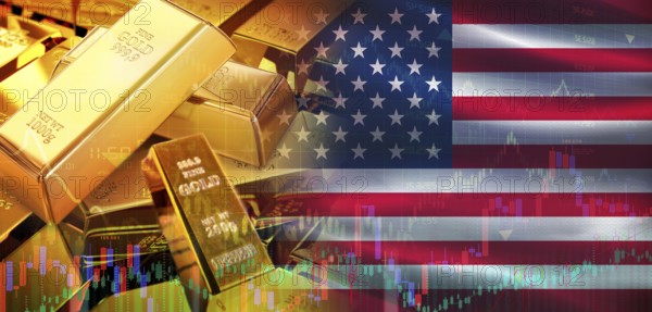 Gold bars stacked on American flag. United States gold reserves, Concept
