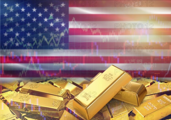 Gold bars on United States flag in background. Gold bars stacked on American flag. Concept of United States gold reserves