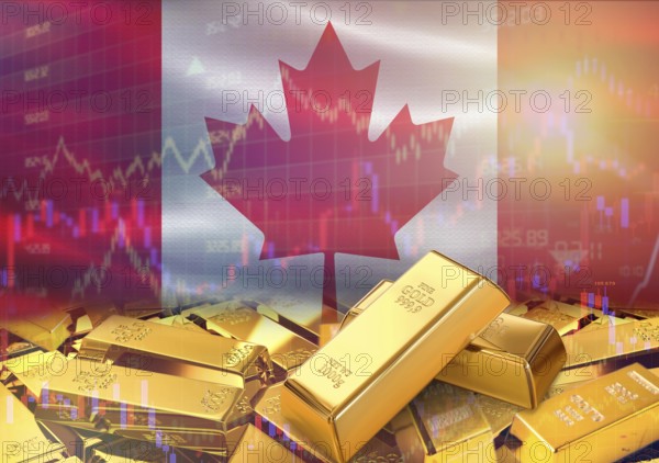 Gold bars on Canada flag in background. Gold bars stacked on Canadian flag. Concept of Canada gold reserves