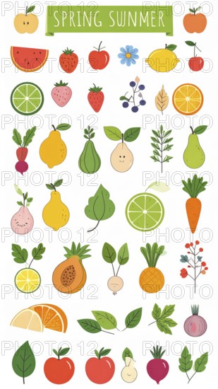 Spring and summer fruit and vegetable element set, vector illustration, AI generated