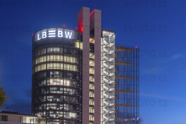 Building in the evening. Landesbank Baden-Württemberg on Heilbronner Straße. The bank's logo on the façade. Stuttgart, Baden-Württemberg, Germany