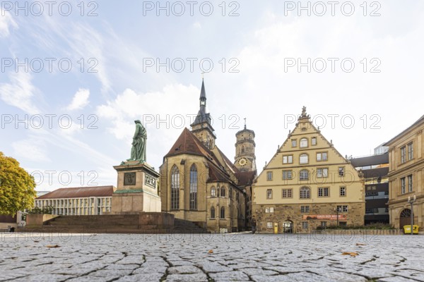 Schillerplatz Stuttgart with collegiate church, Schiller memorial and fruit box. City view of Stuttgart, Baden-Württemberg, Germany