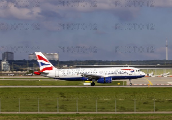 Flight operations at Stuttgart Airport. Aircraft on landing. Aircraft registration G-EUUA, British Airways, Airbus A320-200, Stuttgart, Baden-Württemberg, Germany