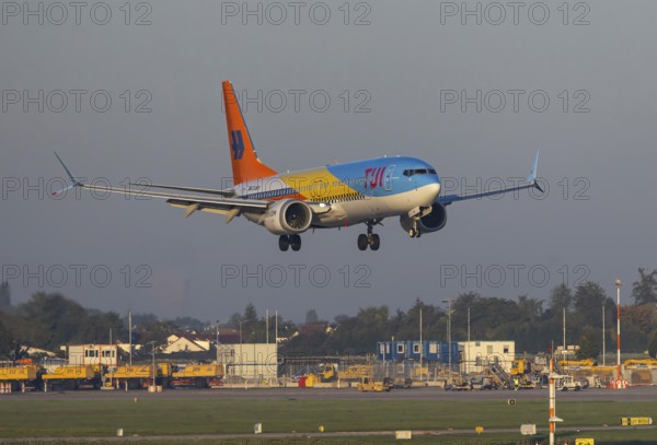 Flight operations at Stuttgart Airport. Aircraft approaching the airport. Aircraft registration number: D-AMAH, TUIfly, Boeing 737 MAX 8, special livery 50 Years. Stuttgart, Baden-Württemberg, Germany