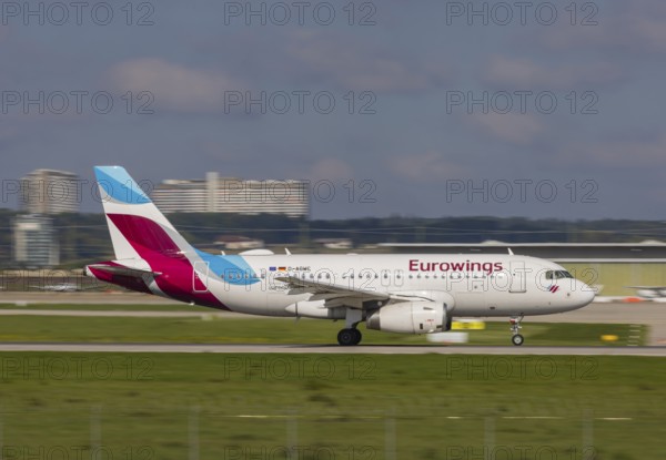 Aircraft at Stuttgart Airport. Aircraft registration number: D-AGWC, Eurowings, Airbus A319-100, Stuttgart, Baden-Württemberg, Germany